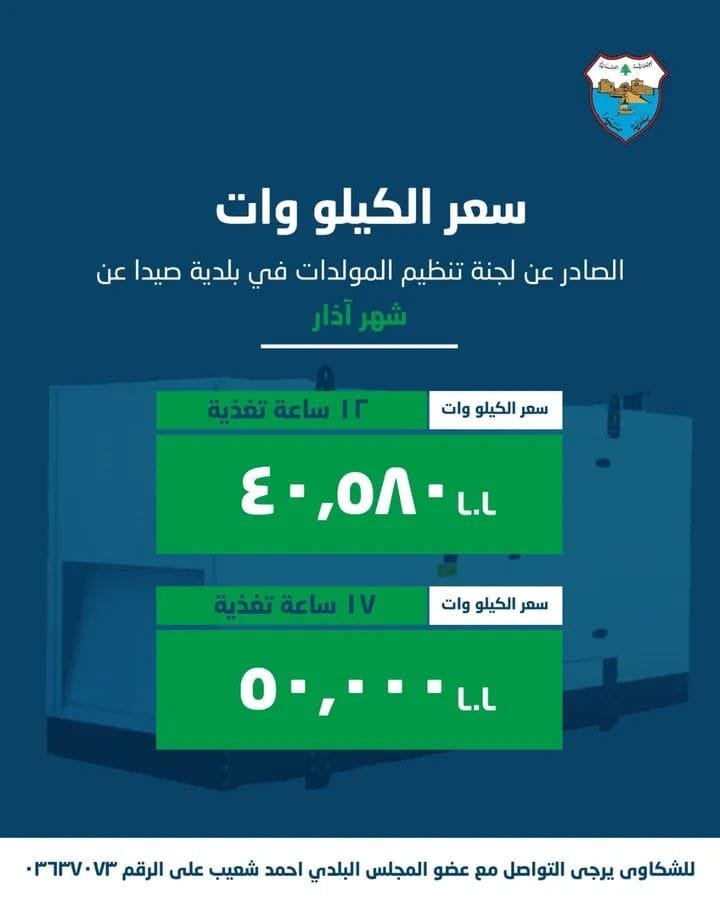Sidon Municipality Generators Sector Regulation Committee Issues Electricity Subscription Rates for March 2026.