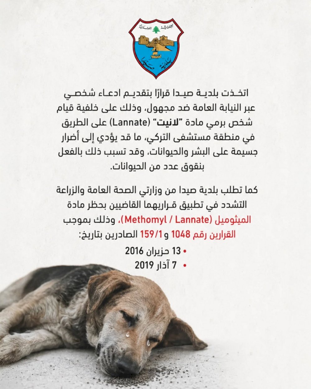 **Sidon Municipality files a personal complaint against an unknown perpetrator following the dumping of the toxic substance “Lanit” and calls for an immediate ban on it