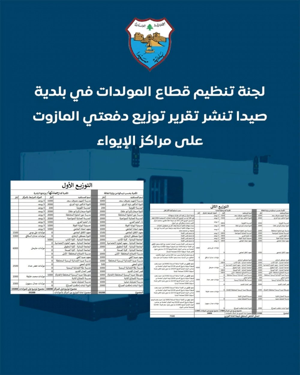Sidon Municipality publishes diesel distribution schedules for the shelters, achieves a saving of 7,500 liters, and makes it available to the crisis cell in the governorate. Sidon Municipality – Media Office